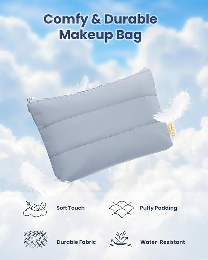 Wandering Nature Small Makeup Bag 2 Pack Cosmetic Bag for Purse, Puffer Quilted Makeup Pouch, Cute Travel Pouch with Zipper for Women, Gray Blue