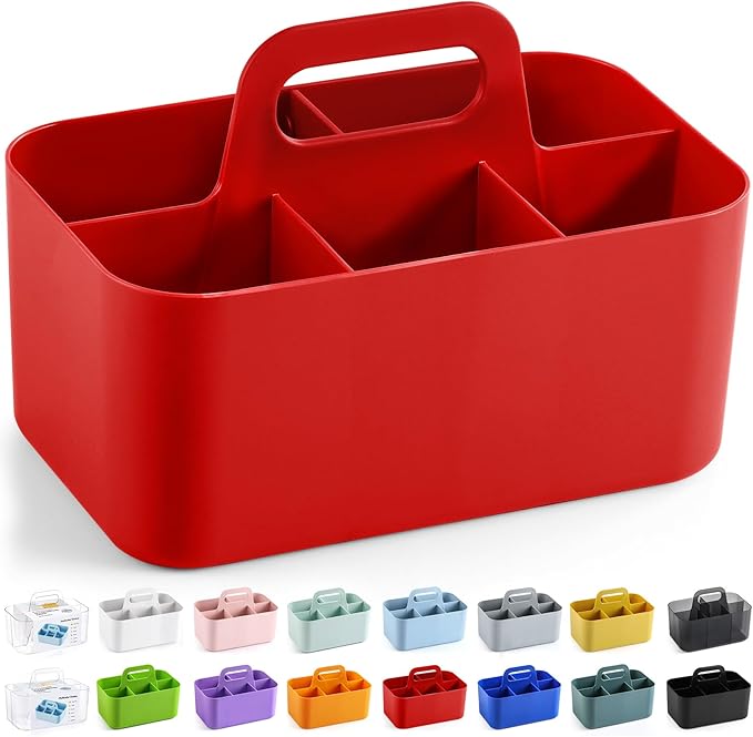 Multiuse Caddy Organizer with Handle - Stackable Plastic Tote Bin - Art Craft Supplies, Office, Desk, Stationery Pen Holder, Kitchen, Utensil, Makeup, Bathroom, Shower, Cleaning, Dorm Organizer - Red
