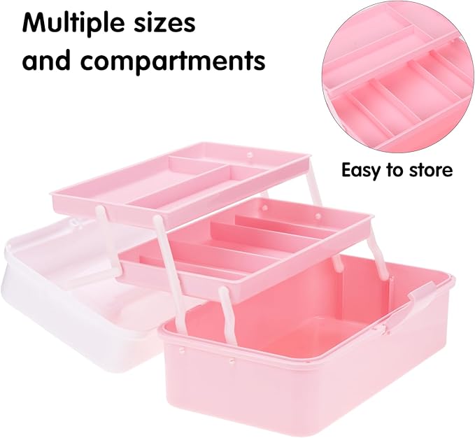OUTUXED 12.5inch 3-Layer Multipurpose Craft Organizers, Portable Folding Toolbox, Plastic Tool Box with Handle for Sewing Supplies, Medicine, Art Supplies, Nails and Hair Accessories(Dusty Pink)