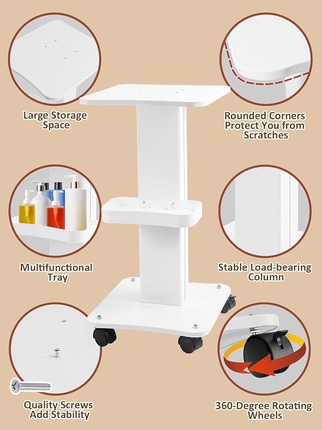 Kalolary Beauty Salon Trolley Cart, Aluminum Alloy Salon Spa Rolling Trolley Stand Mobile Cart with Wheel Beauty Instrument Storage Tray