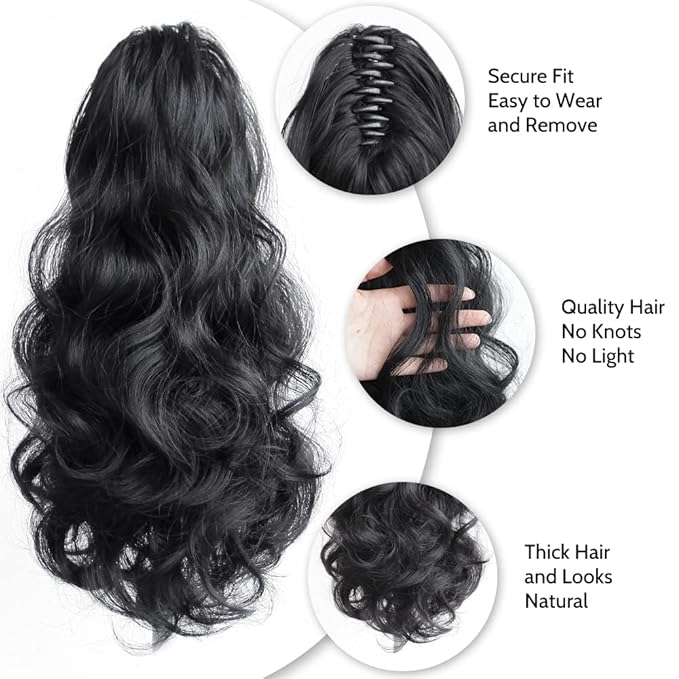 Claw Clip Ponytail Extension 16" Wavy Clips in Hair Extensions Curly Synthetic Pony Tails Fluffy Faux Ponytails Wigs Natural Hairpieces for Women Wedding Party Daily Use 6 Oz Dark Black