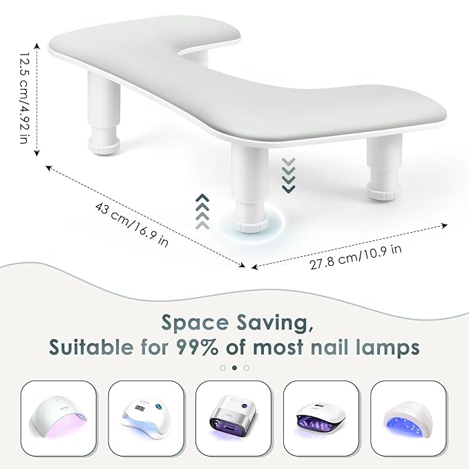 Manicure Arm Rest for Nails Tech: U-shaped Adjustable Nail Armrest - Gray PU Leather Hand Stand Rest for Manicurists