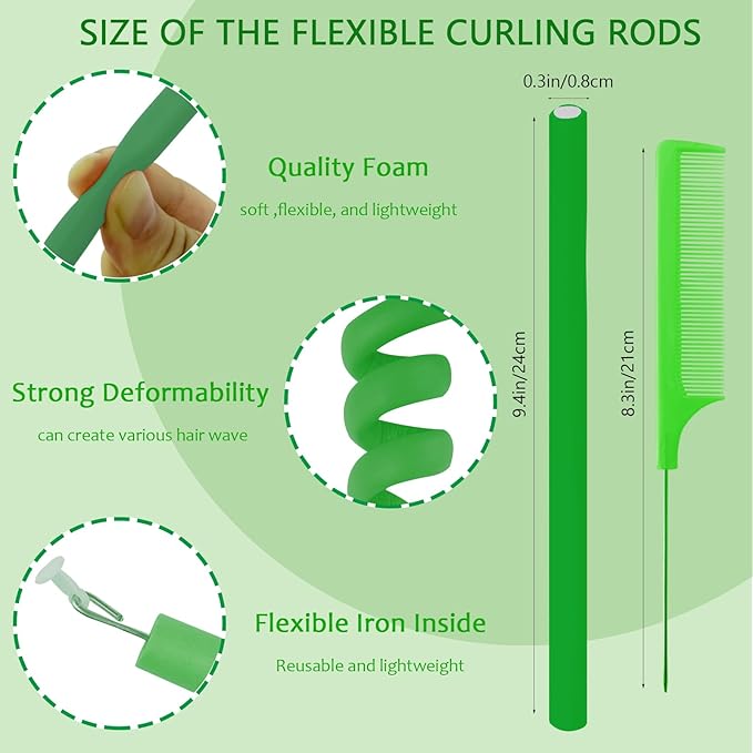 60 Pieces Flexible Curling Rods Twist Foam Flexi Rods No Heat Hair Rods Hair Rollers and Steel Pintail Rat Tail Comb for Long Hair Short Hair Women Girls (9.45 x 0.31, Green)