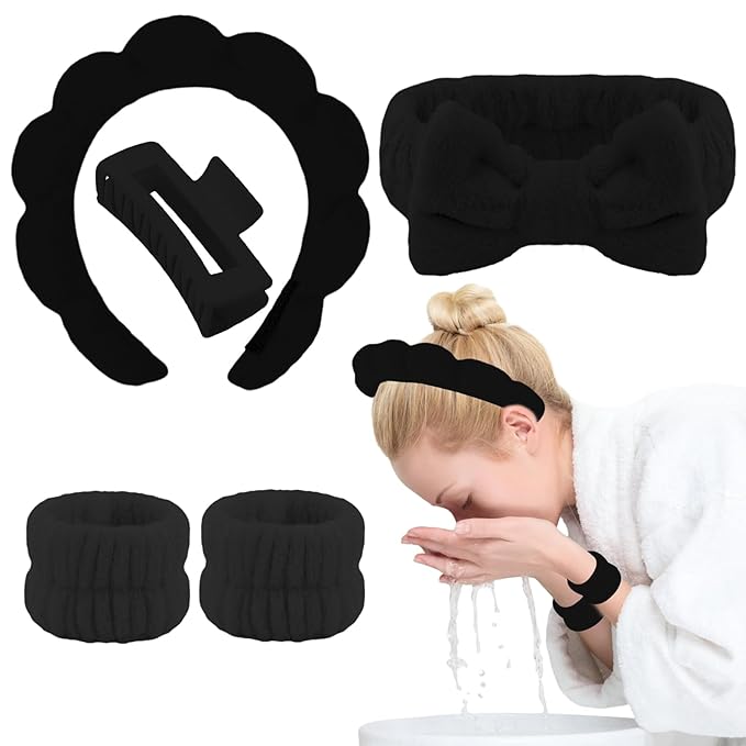 Canitor Sponge Spa Headbands Wristband Set with Hair Clips Skincare for Washing Face Non Slip Puffy Terry Cloth Makeup Headband Face Wash Wrist Bands Cute Trendy Stuff (black)
