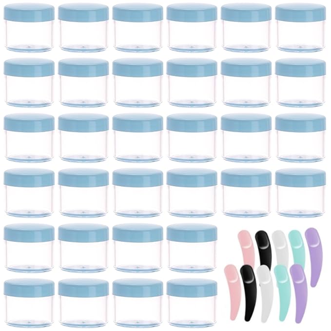 Refillable Cosmetic Sample Jars - 100 Pack 20g (0.7oz) Blue Small Travel Containers with Lids + 10 Mini Makeup Spatulas - BPA Free