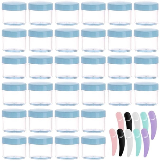 Refillable Cosmetic Sample Jars - 100 Pack 20g (0.7oz) Blue Small Travel Containers with Lids + 10 Mini Makeup Spatulas - BPA Free
