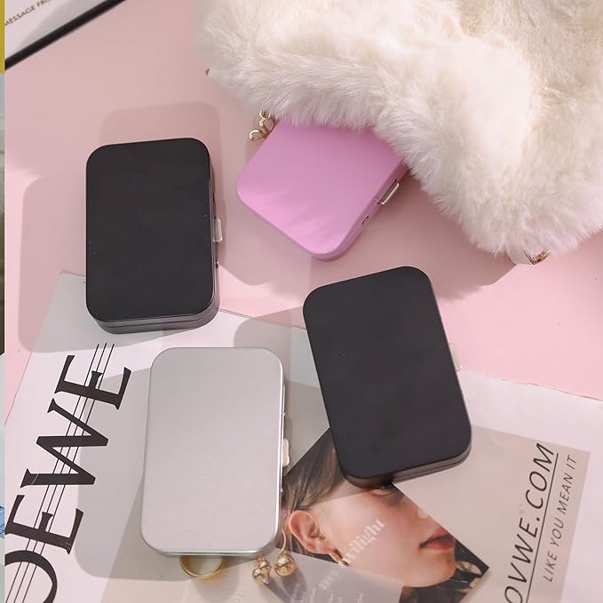 4Pcs Qtip Holder Hair Tie Containers with Mirror,Travel Cotton Swab Holder Flosser Dispenser,Small Travel Containers for for Travel, Dates,Dinners and Hotels(2 Black, 1 Silver, 1 Pink)