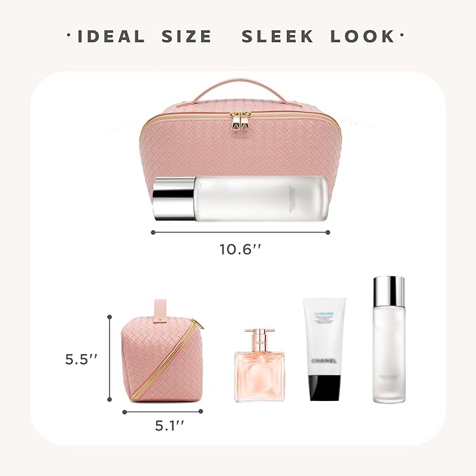 JINYIBAGS Travel Makeup Bag – Large Cosmetic Organizer with Waterproof PU Leather, Smooth Double Zipper & Tear-Resistant Lining, Toiletry Pouch for Women (Pink)