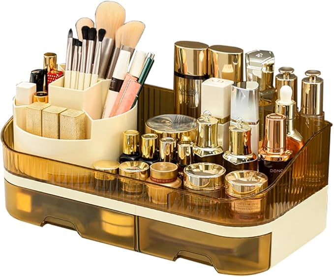 Makeup Organizer with Dual Drawers - Large Capacity Countertop Cosmetic Storage for Skincare Vanity Bathroom