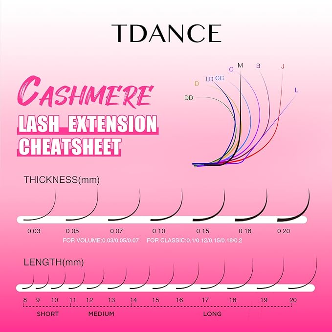 TDANCE Cashmere Lash Extensions Super Matte Black Volume Lash Extension C CC D DD B J L Curl 0.03-0.2mm Thickness Classic Lash Extensions Eyelash Extensions Professional Salon Use(0.05-LD,8-15mm)