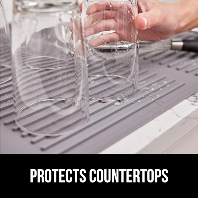 GORILLA GRIP 100% BPA-Free Patented Silicone Dish Drying Mat for Kitchen Counter, Water Catching Ribbed Design, Easy Clean Waterproof Sink Liner, Heat Resistant, Fits Under Rack, 12x16 Inch, Gray