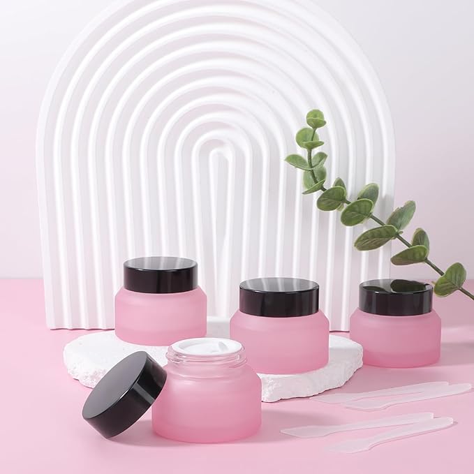 Segbeauty 1oz Frosted Glass Jar with Lid, Small Glass Containers for Lotion Cream Foundation, Refillable Travel Bottles for Toiletries 4pcs 30ml, Pink Empty Travel Size Containers with Spatulas