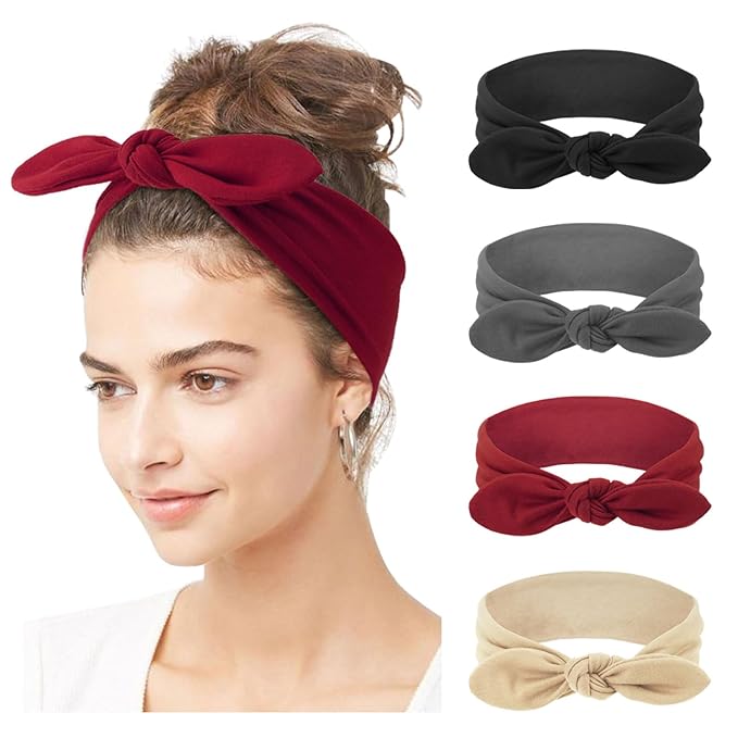 DRESHOW 4 Pack Adjustable Knotted Headbands Non Slip Elastic Yoga Hair Bands Solid Colors Headbands for Women and Girls