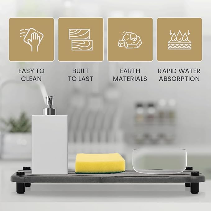 2pc Stone Drying Tray - Diatomite Sink Caddy Kitchen Sink Organizer - Water Absorbing Bathroom Counter - Absorbent Kitchen Soap Tray (Gray)