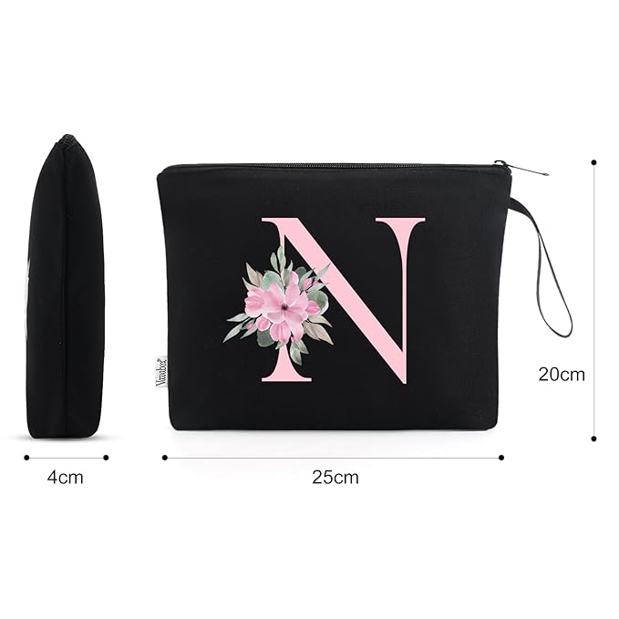 Vavabox A-Z Personalized Makeup Bag, Birthday Gifts for Women Mom, Gifts for Best Friend, Bride Bridesmaid Cosmetic bag (N, Black)