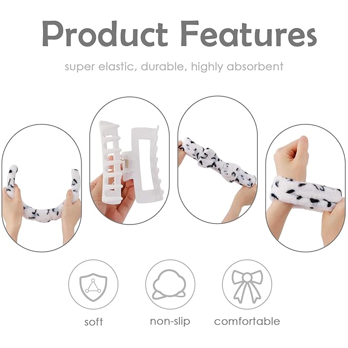 Canitor Spa Headband Wrist Bands with Hair Clips Dalmatian Print Makeup Skincare for Washing Face Skin Care Preppy Teen Girl Gifts Cute Trendy Stuff Hair Accessories for Women
