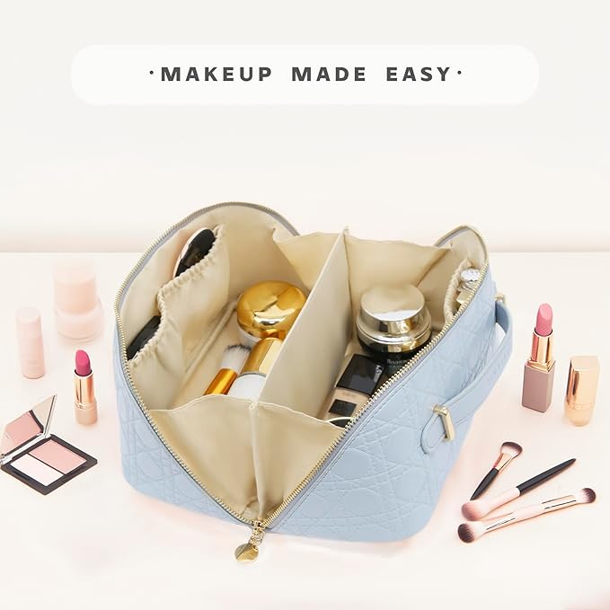 JINYIBAGS Travel Makeup Bag – Large Cosmetic Organizer with Waterproof PU Leather, Smooth Double Zipper & Tear-Resistant Lining, Toiletry Pouch for Women (Ice)