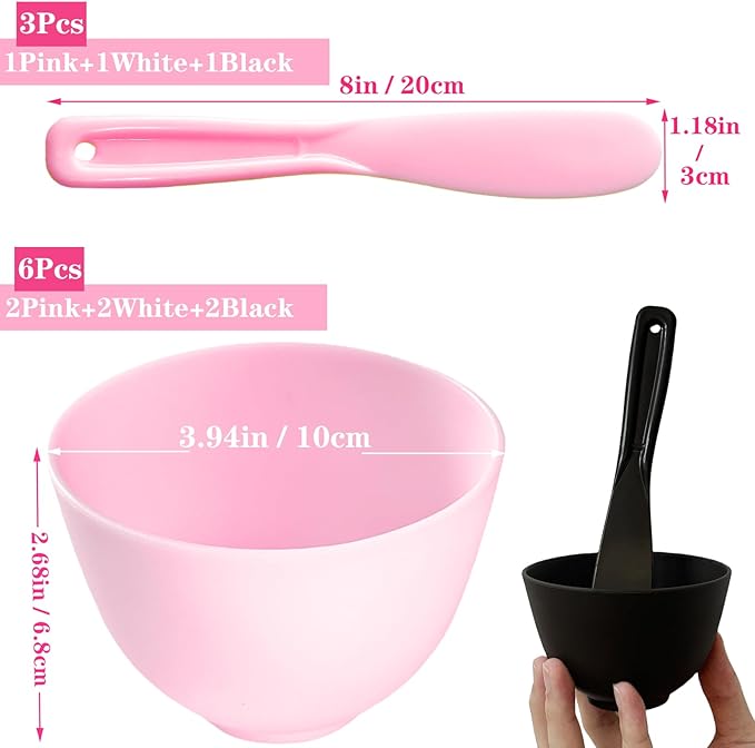 9Pcs Face Mask Mixing Bowl DIY Silicone Facial Mask Bowl for Home Salon Spa Face Skin Applicator Bowl with Stir Sticks, Black,White,Pink