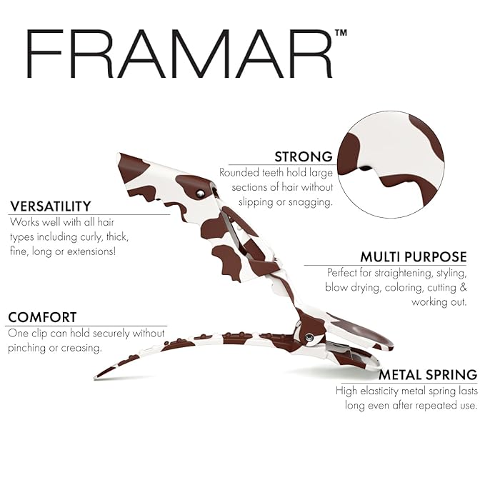 FRAMAR Cow Print Alligator Clips For Hair Styling – Professional Alligator Hair Clips For Women, Western Hair Clip For Women, Cow Print Hair Clips For Styling, Cow Print Stuff – Matte – 4 Pc