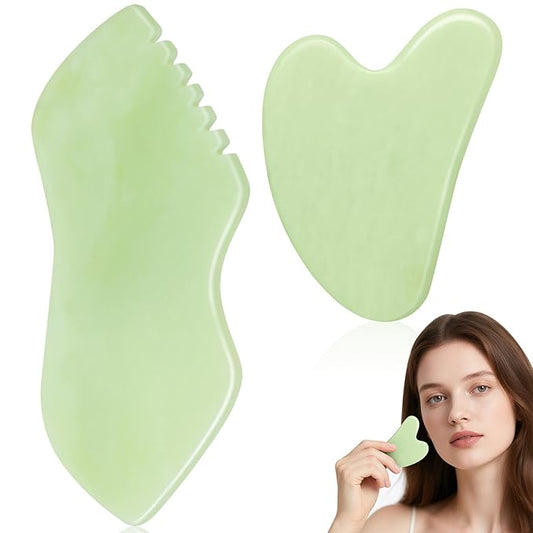 2PCS Jade Stone Gua Sha Set Face Massager Jade Facial Tools Body Lymphatic Drainage Massager, Guasha Face Sculpting Tool Skin Care Valentine's Day Gifts for Women Gua Sha Sculpting for Tighten Skin