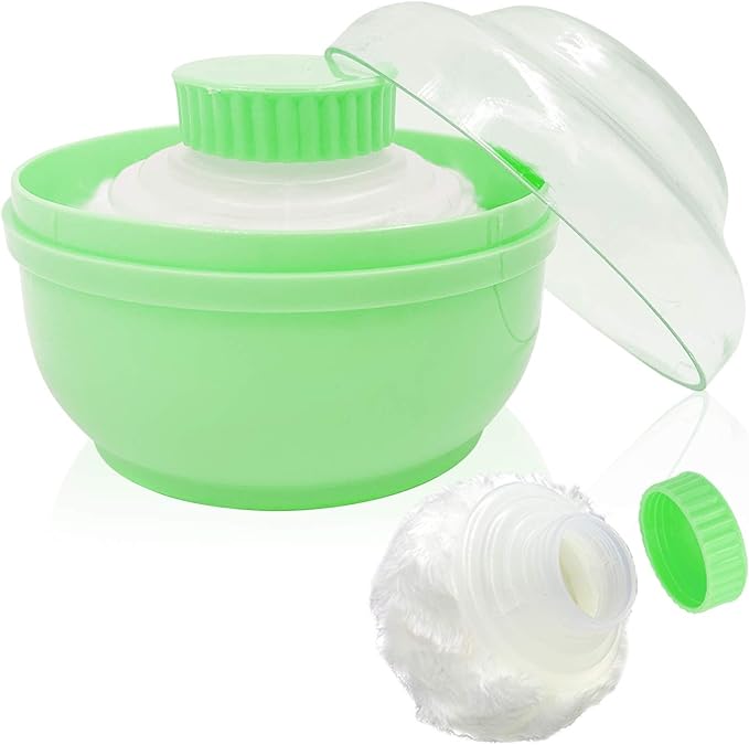 Storage Body Powder Container, Large 3.5" Fluffy Body After-Bath Powder Case, Baby Care Face/Body Villus Powder Puff Box, Makeup Cosmetic Talcum Powder Container with Hand Holder (Green)