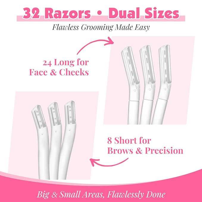 32-Pack Face Razors for Women – Dermaplane & Eyebrow Razor Set, 24 Long + 8 Short Precision Blades for Peach Fuzz Removal, Gentle Exfoliation, Ideal for Stocking Stuffers (Clear)