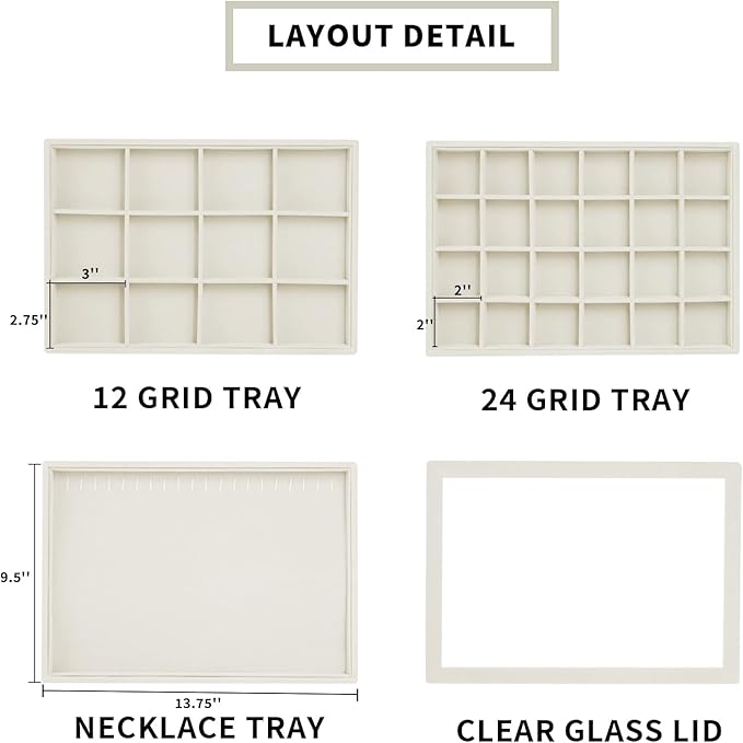 Wudygirl Jewelry Organizer Set of 4 Jewelry Box Velvet Jewelry Tray Jewelry Drawer Organizer Inserts Bracelet Necklace Organizer Ring Holder with Clear Lid for Women Girls Stackable (Beige)
