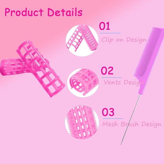 28PCS Plastic Hair Rollers Set 1.5cm/0.6in Heatless Hair Rollers Hair Curlers Snap on Rollers Self Grip Rollers Hairdressing Curlers Tools for DIY Hairdressing Hair Salon(pink)