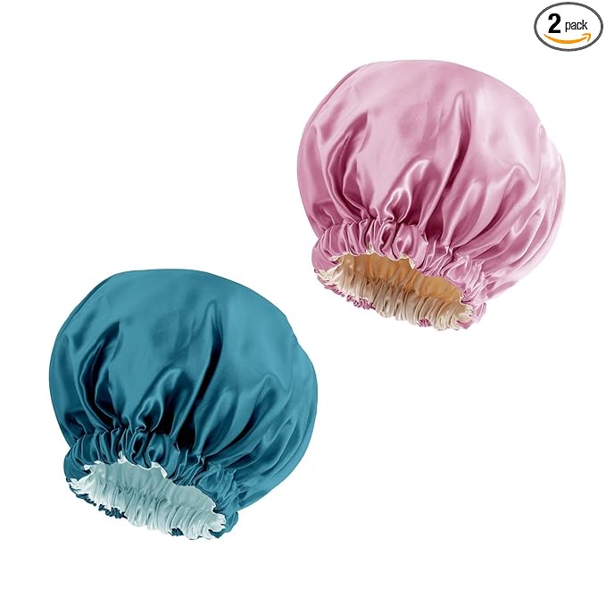 Satin Bonnet Silk Bonnet Hair Bonnet for Sleeping-Slouchy Beanie Hat Satin Sleep Cap for Women's Natural & Curly Hair(Blue Zircon&Dark Pink)