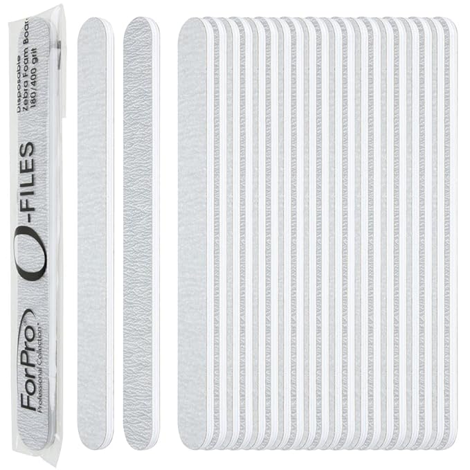 ForPro O-Files Foam Board, 180/400 Grit, Zebra, Double-Sided Manicure Nail File, 6” L x .75” W, 100-Count