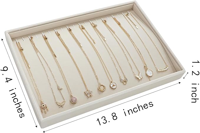 Stratalife Necklace Organizer Stackable Jewelry Organizer 20 Hooks Large Jewelry Tray Necklaces Holder Bracelet Storage for Women Girls Velvet (Beige Necklace Tray)