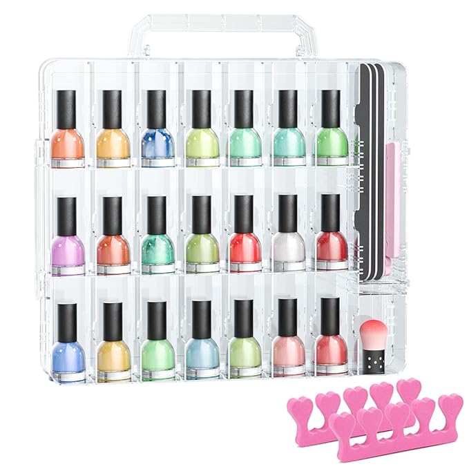 JIASHENG Nail Polish Organizer Case for 48 Bottles, Gel Nail Polish Storage Holder Double Side Adjustable Space Divider for Acrylic Nail Gel Dip Powder Tips Set with Two Toe Separator