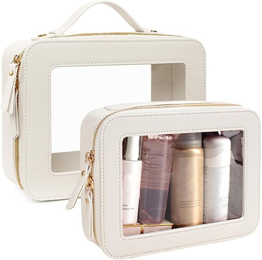 2Pcs Clear Makeup Bag for Women, Large Clear Toiletry Bag with Zipper Travel Cosmetic Case Portable Waterproof Makeup Pouch for Traveling Car Organizers Diaper Bag Organizer Pouches (Dual White)