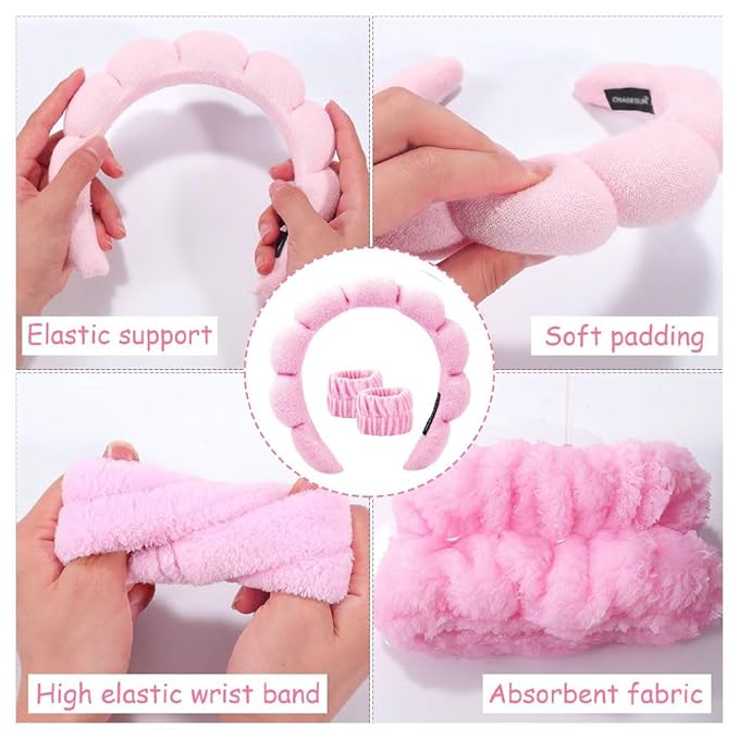 CHASESUN SPA Headband Skincare Hair Band Bubble headband Set for Washing Face Makeup Skincare SPA Bubble with Wristbands Set Pink