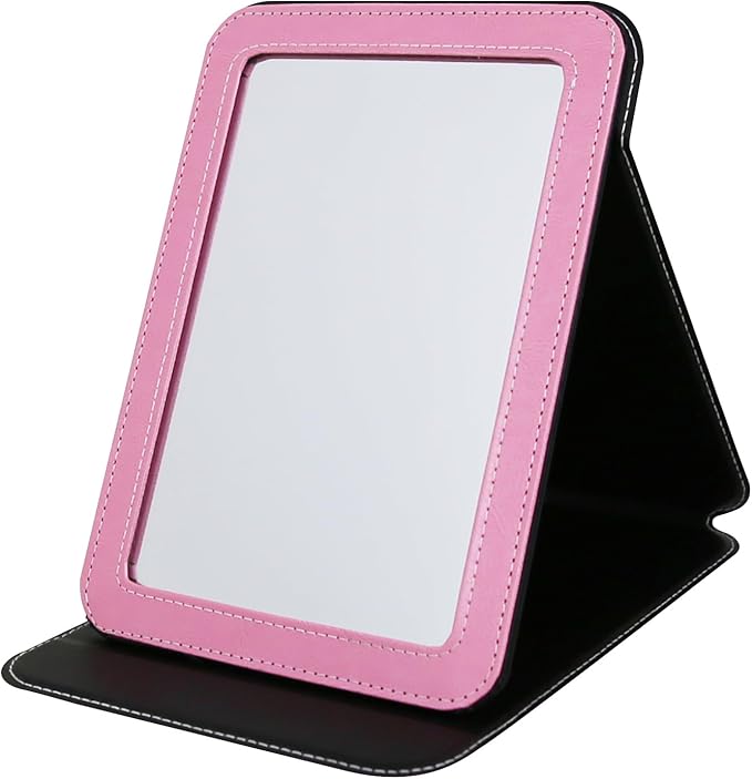 Travel Mirror for Desk, 6.5×8.9” Adjustable Rectangle PU Edge Covering Pink Foldable Desk Mirror with Stand for Travel Camping Home (Pink)