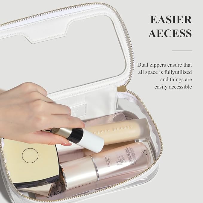ROWNYEON Waterproof Toiletry Organizer Train Case, CLear Travel Makeup Bag for Women，Transparent Cosmetic Bag，Portable Makeup Case Organizer (White)