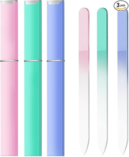 3 Pack Glass Nail Files for Natural Nail Professional Crystal Fingernail Files Double-Sided Etched Gentle Nail Care for Women Adults Pink,Green,Blue