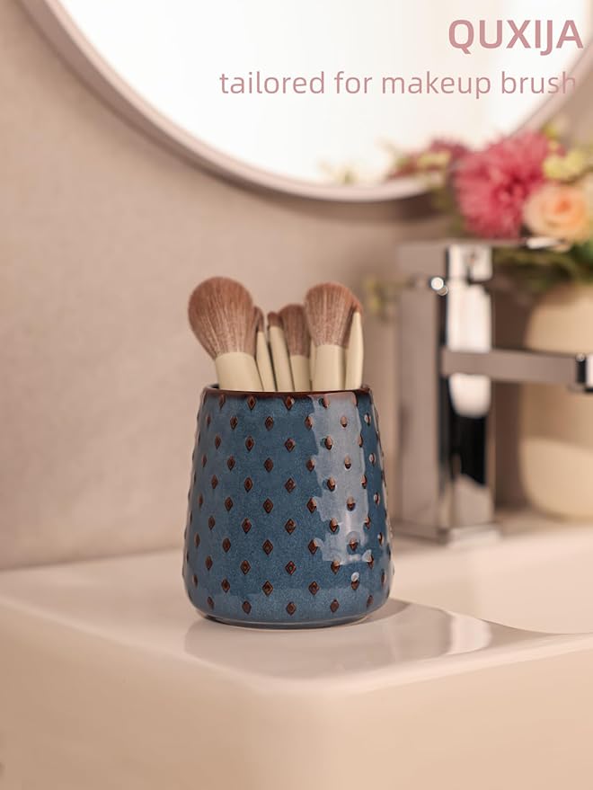 QUXIJA Ceramic Makeup Brush Holders, Farmhouse Bathroom Vanity and Countertop, Brushes Cup for Bathroom Cosmetics, Lipsticks, Vanity Desktop Storage (Vintage Blue)