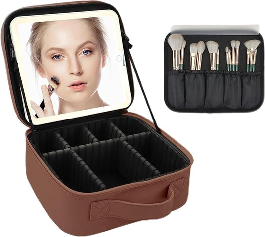 Travel Makeup Bag for Women and Makeup Artists Cosmetic Organizer Large Makeup Case,Travel Makeup Bag with Mirror 3 Color Setting,Portable Storage and Adjustable Dividers(Dark brown)