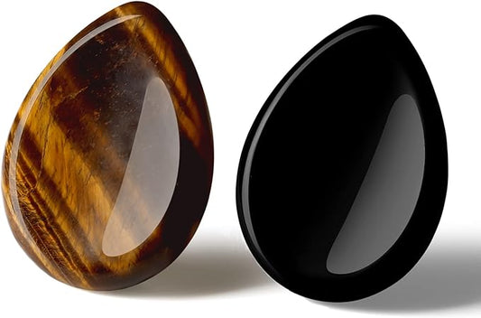 2PCS Thumb Worry Stone Tiger's Eye Obsidian Healing Crystals Sets Hand Carved Stones Gemstone Pocket Natural Stone Meditation Reiki Water Drop Shaped Palm Stone for Anxiety Therapy