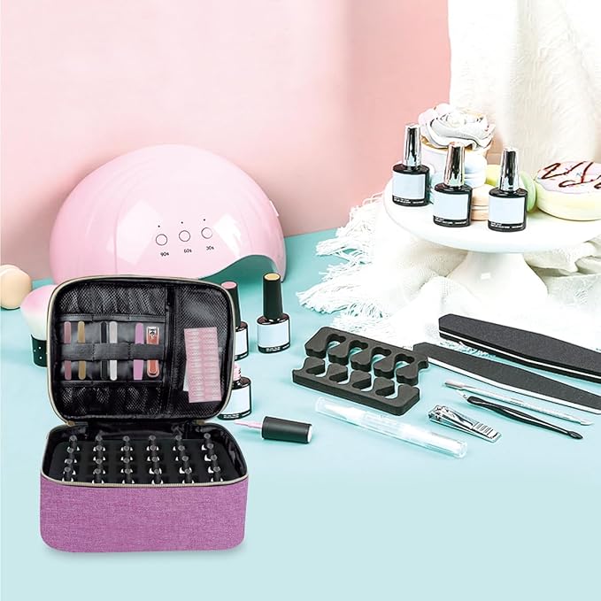 UOZL Nail Polish Organizer, Handheld Double Layer Organizer Holds 30 Bottles (15 ml/0.5 floz) with Adjustable Dividers for Nail Polish Small Manicure Lamp Manicure Tools Essential and Travel,Purple