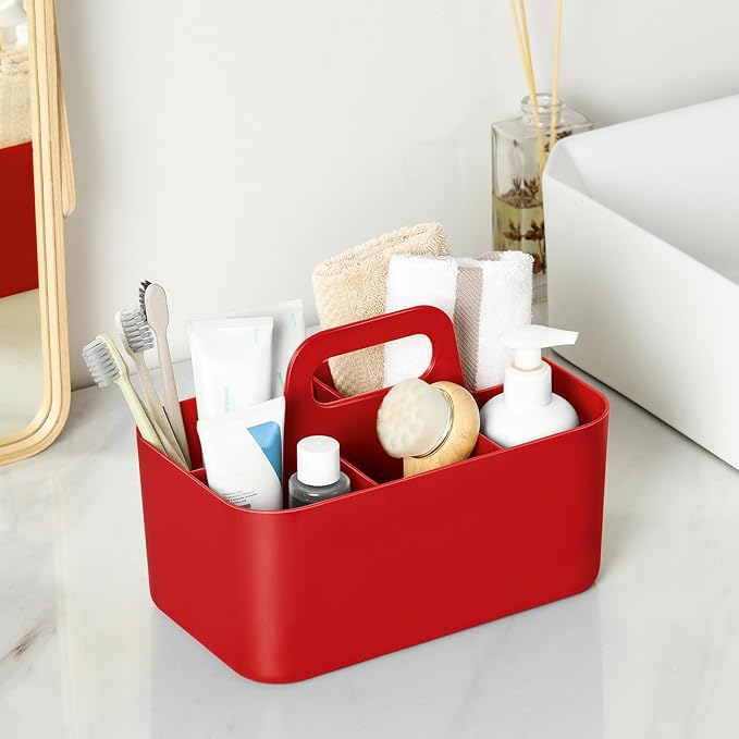 Multiuse Caddy Organizer with Handle - Stackable Plastic Tote Bin - Art Craft Supplies, Office, Desk, Stationery Pen Holder, Kitchen, Utensil, Makeup, Bathroom, Shower, Cleaning, Dorm Organizer - Red