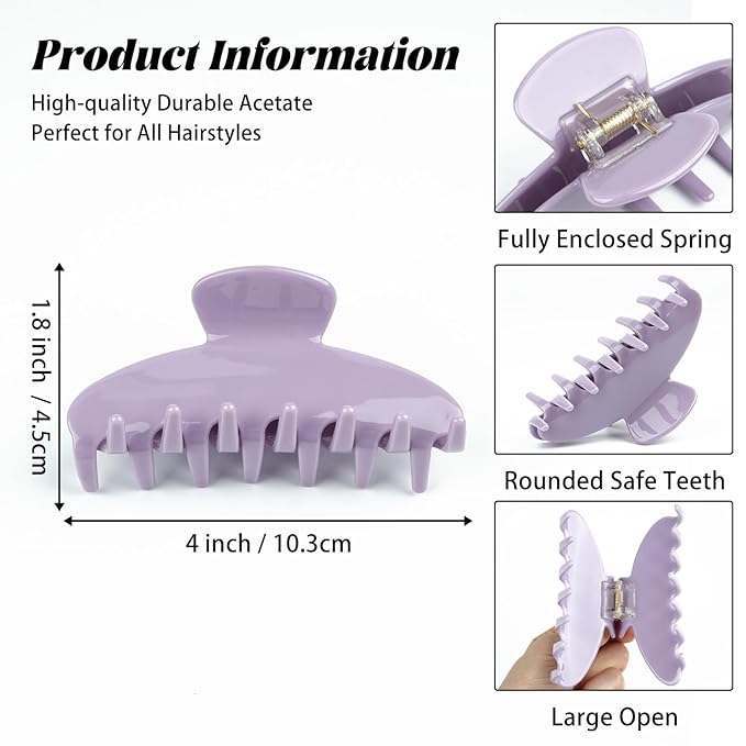 MAORULU Premium Durable Acetate Hair Claw Clips for Women Girls, 4 Inch Large Cute Jaw Clip for Thick or Thin Hair, Vintage Y2K Hair Clamps (Pastel Purple)