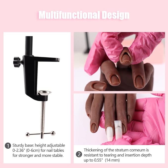 Nail Pratice Training Hand for Acrylic Nails with Stand Bracket,Soft Silicone Maniquin Hand, Flexible Bendable Nail Practice Fake Hand for Nails Art Practice Tool