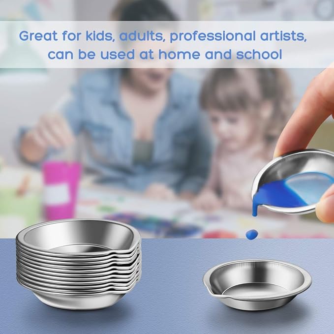 DOITOOL 12 PCS Stainless Steel Painting Color Palette, with Mouth 2 inch Painting Trays Makeup Palette Watercolors Small Round Mixing Palette Paint Tray, Pigment Mixing Cups for DIY Art Craft