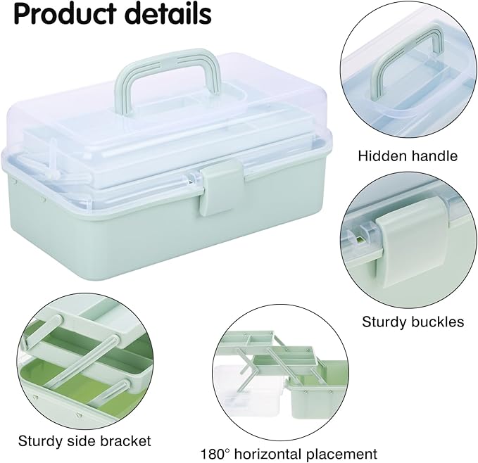 OUTUXED 12.5inch 3-Layer Multipurpose Craft Organizers, Portable Folding Toolbox, Plastic Tool Box with Handle for Sewing Supplies, Medicine, Art Supplies, Nails and Hair Accessories(Haze Green)