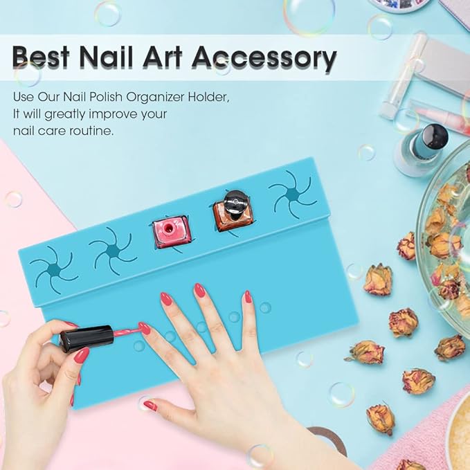 Nail Polish Holder,Silicone Hand Rest Mat Fingernail Painting Tools 2 in 1 Art Accessories Organizer Case Set with Anti-Spill Bottle Stand and Finger Separators for Pedicure Manicure(Blue)