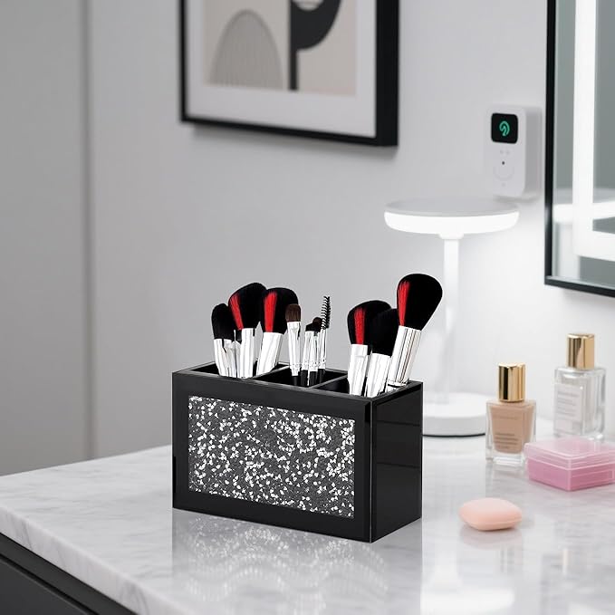 SHYFOY Black Makeup Brush Holder Organizer, 3 Slots Glass Cosmetic Brushes Storage Holder with Crushed Diamond, Pencil Pen Holder for Desk, Desk Organizer and Accessories for Vanity
