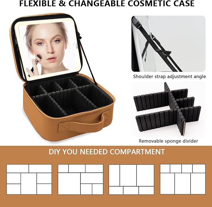 Travel Makeup Bag for Makeup Artists Large Makeup Case,with Mirror 3 Color Setting and Detachable 10x Magnifying Mirror Travel Makeup Bag,Portable Storage and Adjustable Dividers（brown）