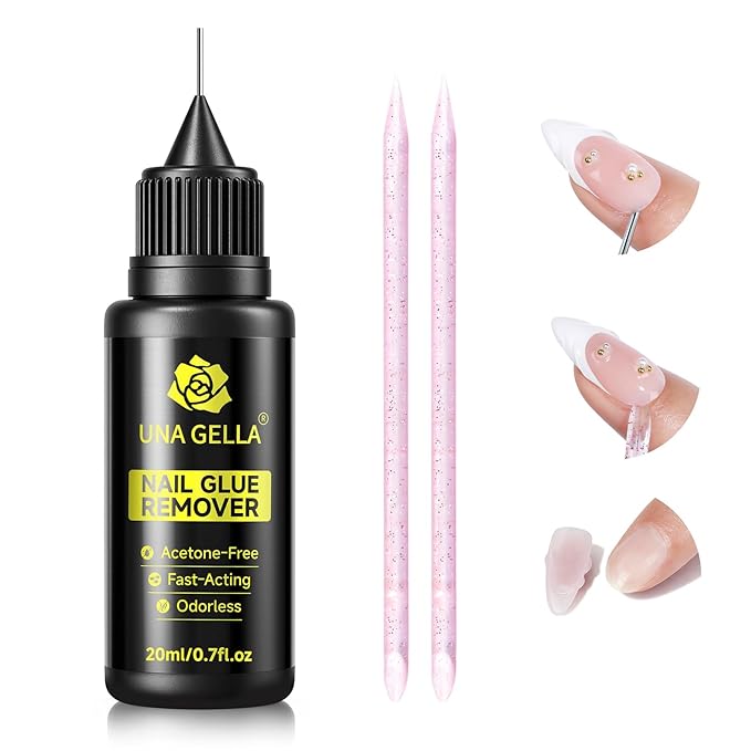 UNA GELLA Nail Glue Remover for Press on Nails，20ml Pinpoint Non-Acetone Gel Nail Glue Remover for Nails Tips，Gentle Nail Polish Remover with Upgraded Stick Easy Removal DIY Manicure Supply